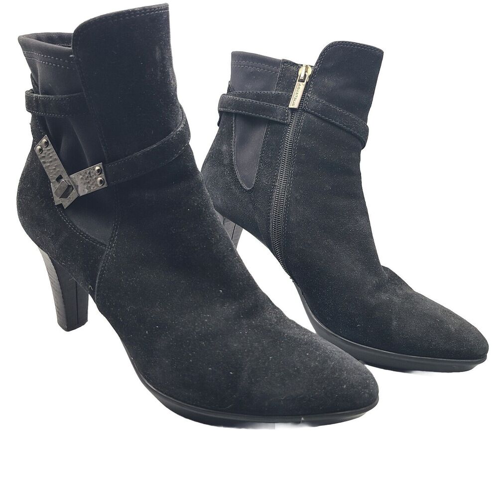 Aquatalia women ankle boots black Leather suede Buckle high heel sz 10 used